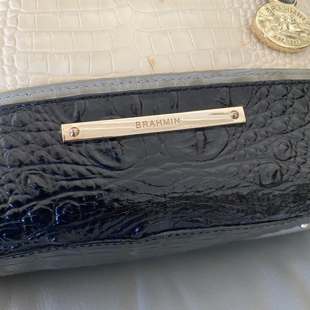 Brahmin Croc-Embossed Satchel in Ivory and Black - Picture 5 of 9